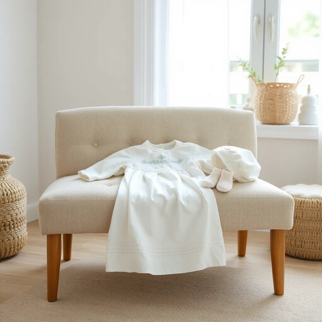 Neutrally styled modern baptism outfit laid out with matching hat and socks in soft natural light