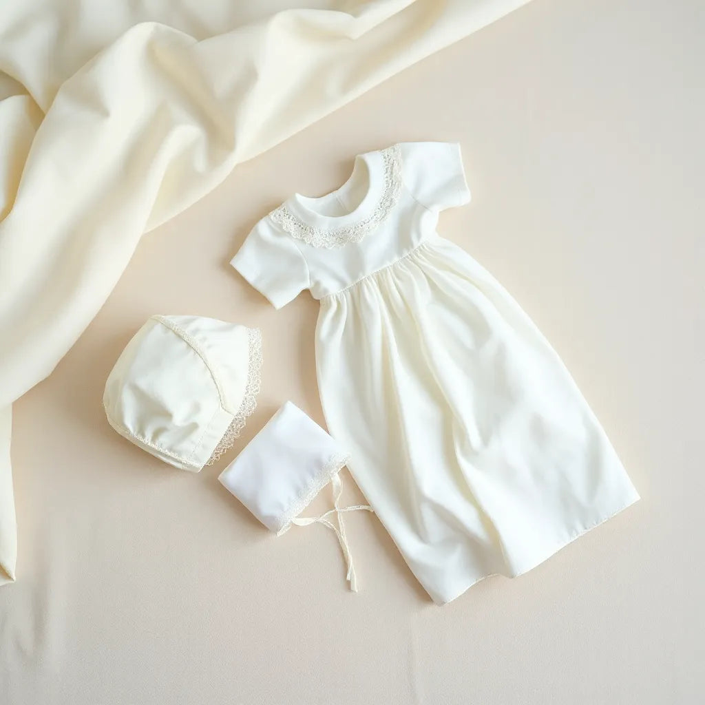 White baptism gown with matching bonnet and lace trim neatly laid out on a neutral fabric backdrop