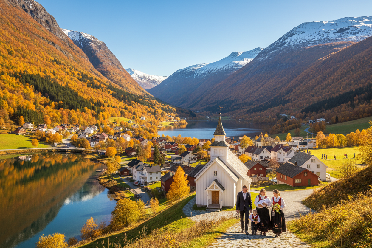 A very beautiful Norwegian valley in autumn with a small village with a church and a family is entering for a baptism, other families are up on the hills skiing. View to a lake. Beautiful day.