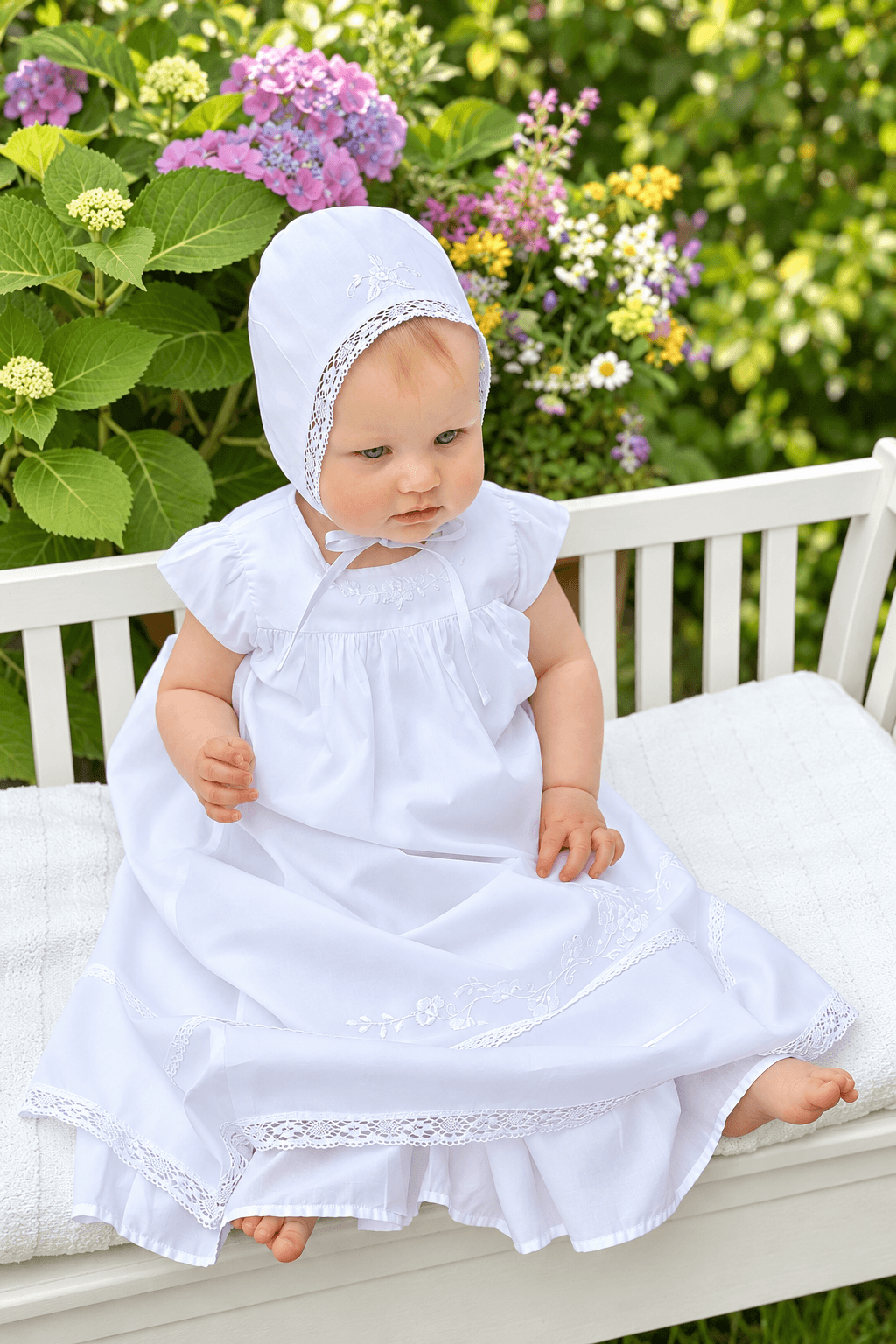 A baby wearing a white montera bonnet and matching white christening dress sits on a white garden bench with green foliage and colorful flowers in the background.