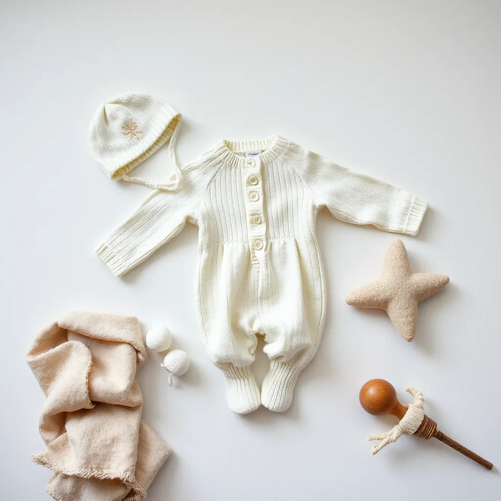 Nordic-inspired baby christening outfit in white linen with soft cap, set on a light neutral background