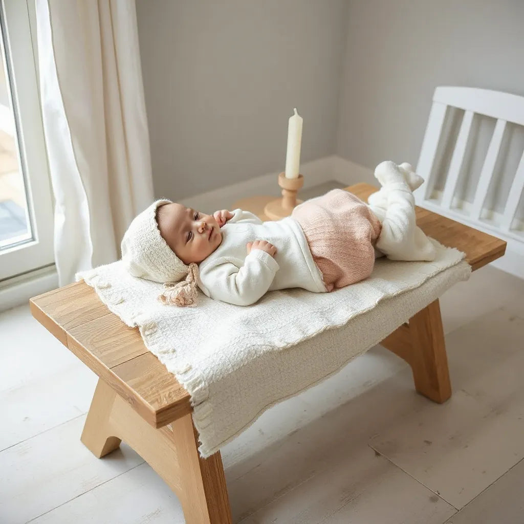 Newborn in minimalist Scandinavian christening outfit with bonnet and delicate trim on a light blanket