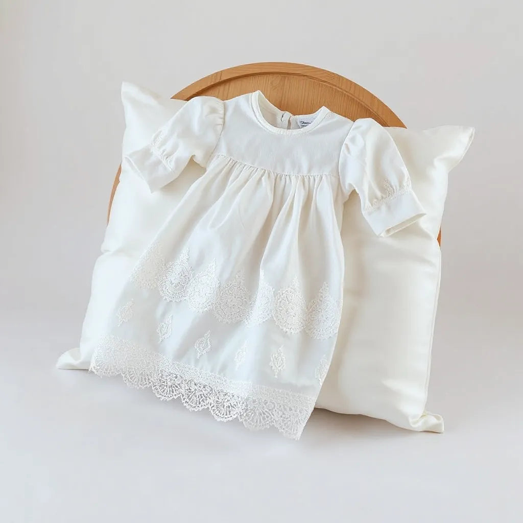 Delicate lace christening gown with scalloped trim and long sleeves displayed on a soft white backdrop