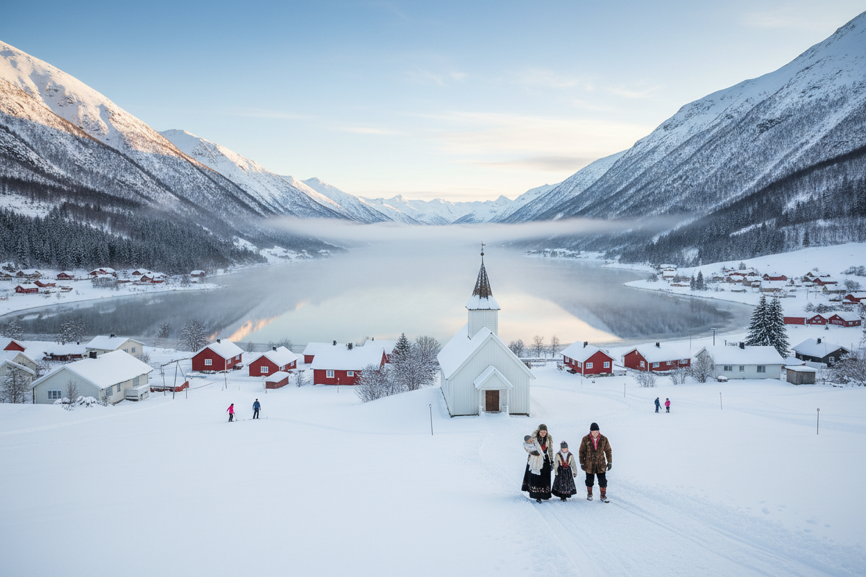 A beautiful Norwegian valley in wintertime with a small village with a church and a family is entering for a baptism, other families are up on the hills skiing. View to a lake. Beautiful day. 