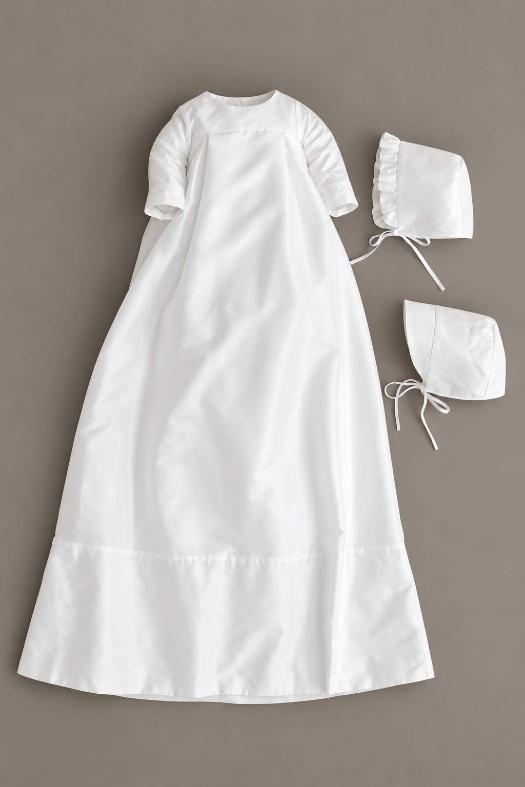 A off-white baby christening dress with short sleeves and a ruffled hem, displayed flat on a neutral taupe background alongside two matching white bonnets with ties.